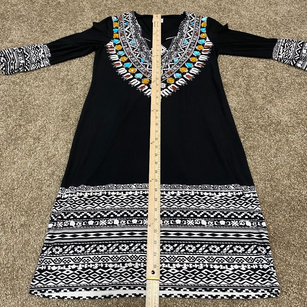Chico's Beaded Southwestern Dress Size Small 0, Size 4 Stretch Colorful Bell Sle - Picture 10 of 12